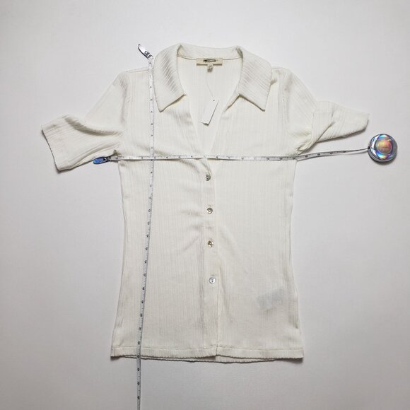 Madewell Cutaway Hem Polo Top Women XXS  Creme Fraiche Ivory SS Ribbed Button-Up - Picture 5 of 16